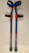 Load image into Gallery viewer, Blue Open Cuff w/strap fixed onto Red adjustable insert post/ Main Blue support tube w/Lilac Clips/ Lilac lower adjustable insert tube w/Turquoise Tip/ Red Plastics/ Black Anatomic (Left/Right) Soft handgrip on hand support post.