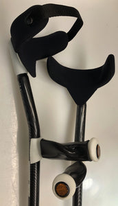 Detail of Open Cuff with Neoprene Crutch Cover (ANACUFF2), modified to accommodate Custom Straps with Snaps. Also, modified silicone 'Sharkskin' neoprene handgrip covers.