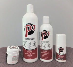 4 different bottles of p3 skincare cream for amputees