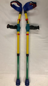Blue Open Cuff w/strap fixed onto Red adjustable insert post/ Main Yellow support tube w/Red Clips/ Turquoise lower adjustable insert tube w/Blue Tip/ Turquoise-Black Plastics/ Black Anatomic (Left/Right) Soft handgrip on hand support post.