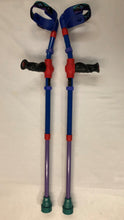 Load image into Gallery viewer, Blue Open Cuff w/strap fixed onto Red adjustable insert post/ Main Blue support tube w/Lilac Clips/ Lilac lower adjustable insert tube w/Turquoise Tip/ Red Plastics/ Black Anatomic (Left/Right) Soft handgrip on hand support post.

