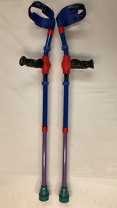 Blue Open Cuff w/strap fixed onto Red adjustable insert post/ Main Blue support tube w/Lilac Clips/ Lilac lower adjustable insert tube w/Turquoise Tip/ Red Plastics/ Black Anatomic (Left/Right) Soft handgrip on hand support post.