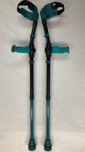Turquoise Open Cuff w/strap fixed onto Turquoise adjustable insert post/ Main Black support tube w/Turquoise Clips/ Turquoise lower adjustable insert tube w/Turquoise Tip/ Black Plastics/ Turquoise Anatomic (Left/Right) Soft handgrip on hand support post.
