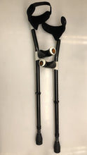 Load image into Gallery viewer, Ossenberg 3320A GOLIATH XXL Bariatric Forearm Crutches with modifications and accessories; the standard Ossenberg Tips replaced with Fetterman Gel Tips.
